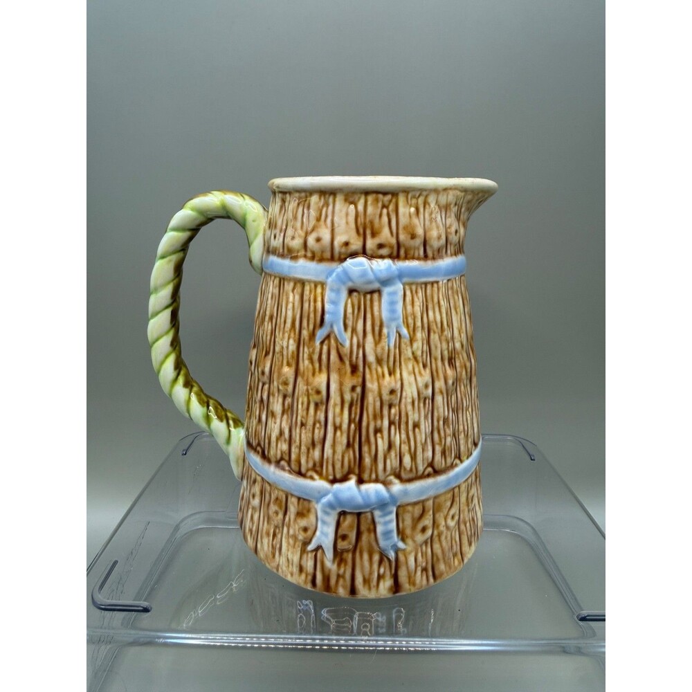 Majolica Creamer Pitcher Brown Basket Green Handle Blue Ribbon 5" Reproduction
